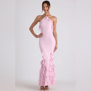 Oh Polly Mireya Ruffle-Trim Halterneck Gown in Soft Pink